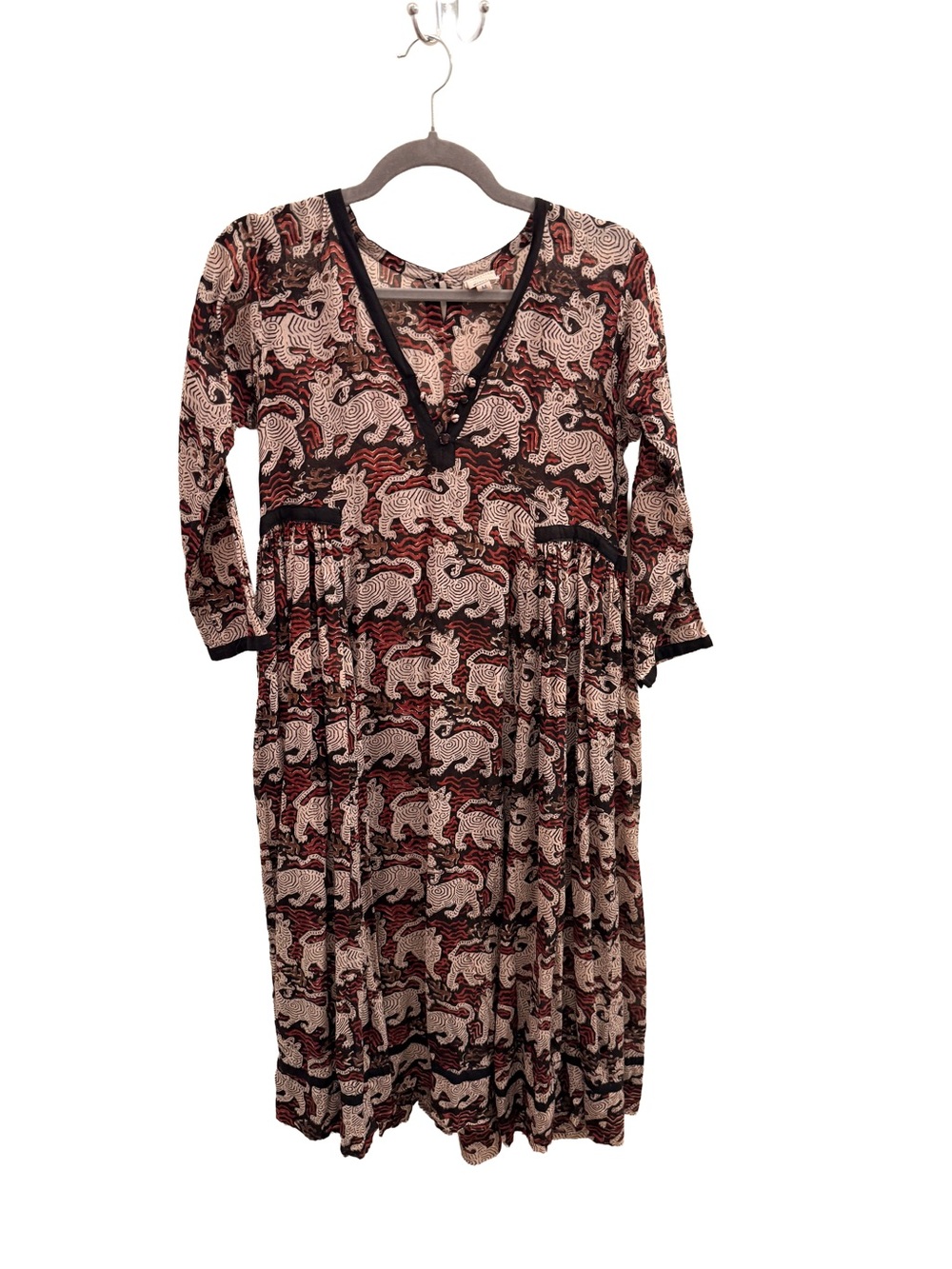 Kashish India Boho V-Neck Printed Midi Dress in Cream and Burgundy